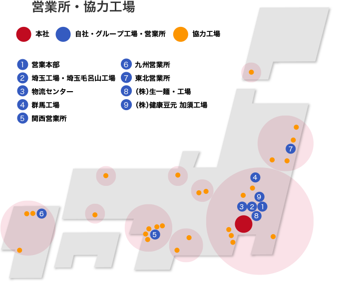 関越物産の本社と日本全国にある工場、営業所、物流センター、協力工場の配置図